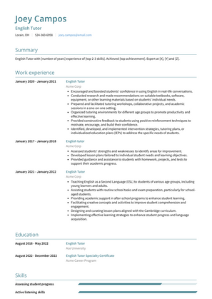 English Tutor Resume Sample and Template