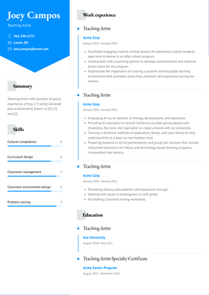 Teaching Artist Resume Sample and Template