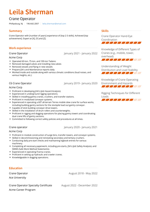 Crane Operator Resume Sample and Template