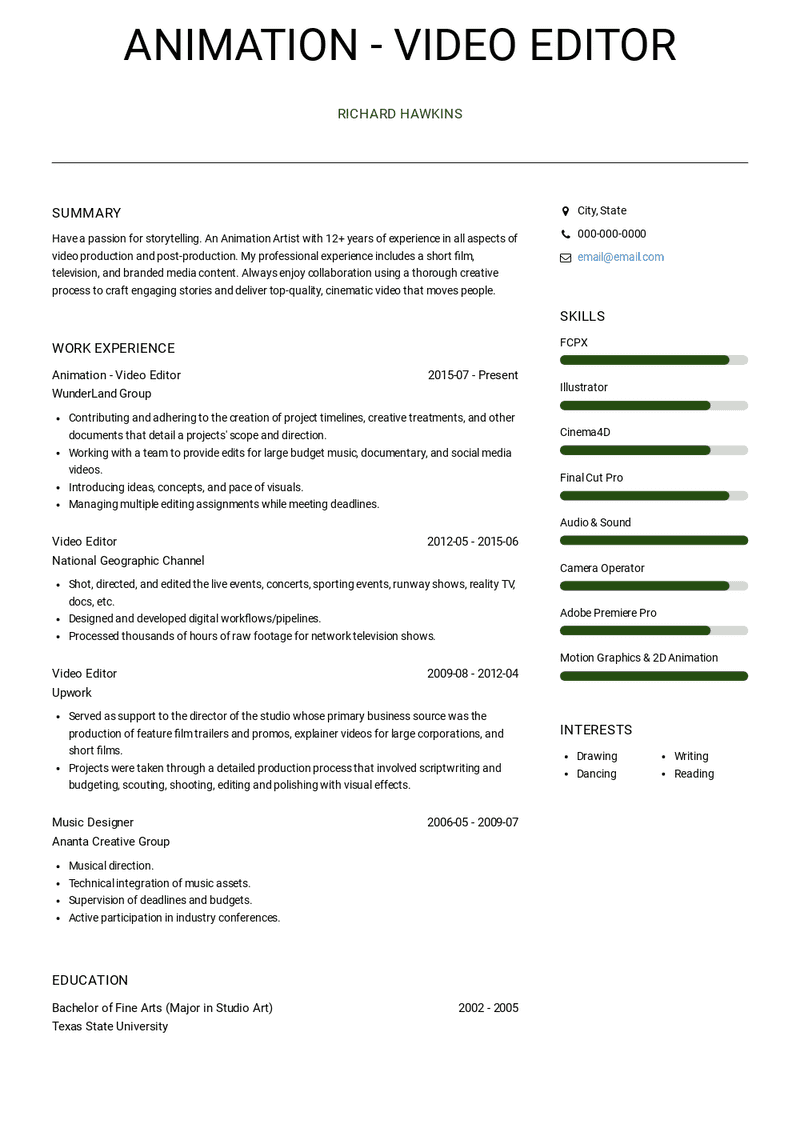 Animation - Video Editor Resume Sample and Template