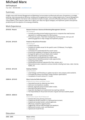 Self Employed Business and Marketing Management  Resume Sample and Template