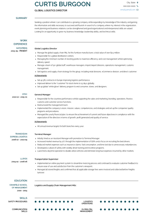 Global Logistics Director Resume Sample and Template