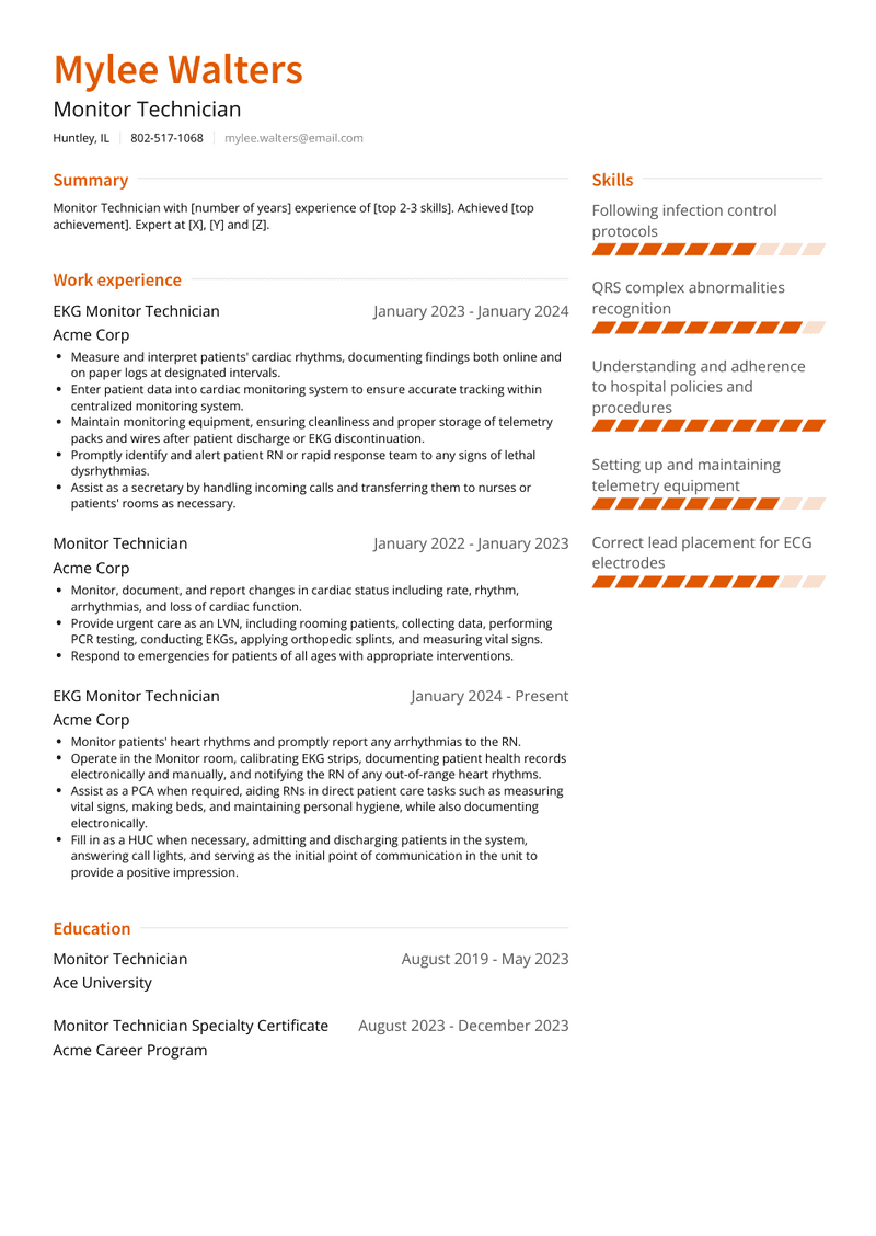 Monitor Technician Resume Sample and Template