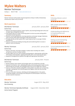 Monitor Technician Resume Sample and Template