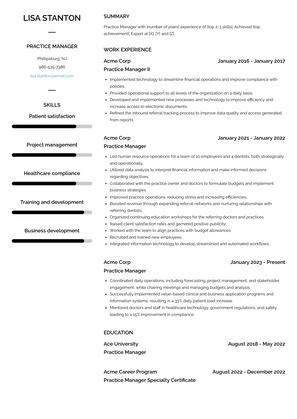 Practice Manager Resume Sample and Template