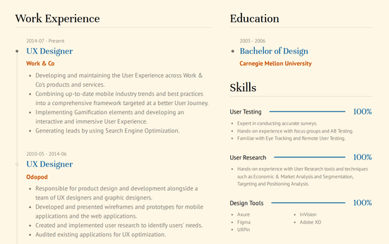 A Work History and Education section in the Bravo resume template