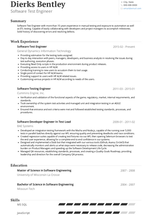 Software Test Engineer Resume Sample and Template