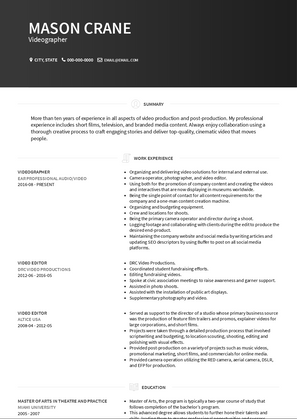 Videographer Resume Sample and Template