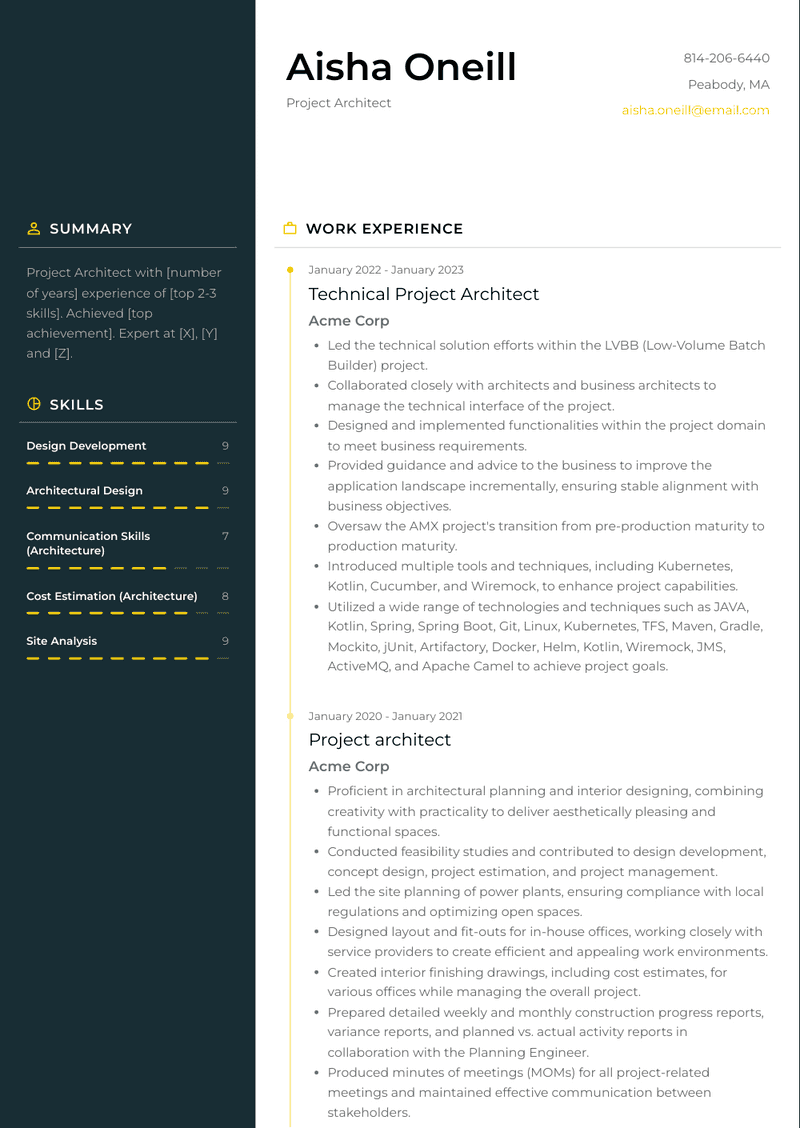 Project Architect Resume Sample and Template