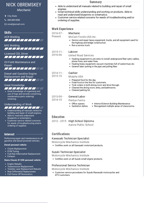 Mechanic Resume Sample and Template