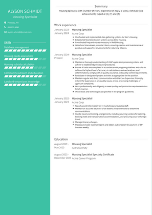 Housing Specialist Resume Sample and Template
