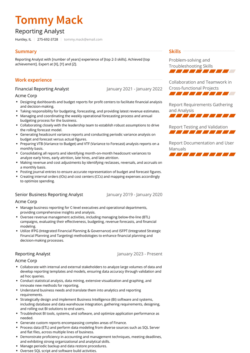 Reporting Analyst Resume Sample and Template