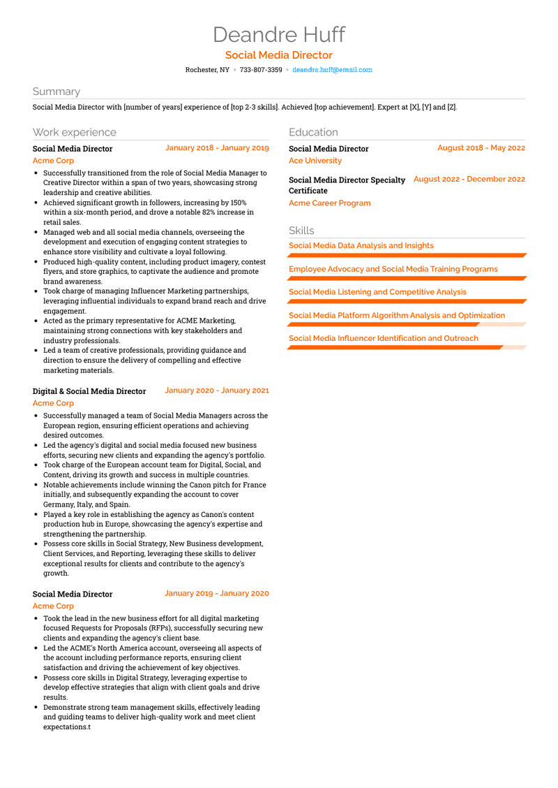 Social Media Director Resume Sample and Template