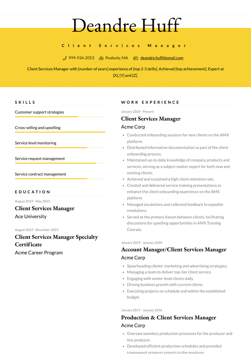 Client Services Manager Resume Sample and Template