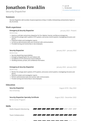 Security Dispatcher Resume Sample and Template