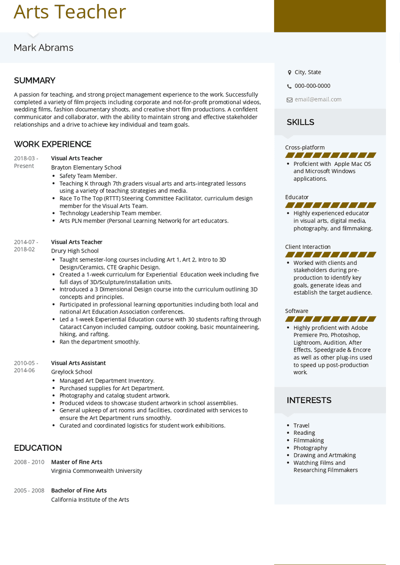 art teacher resume samples