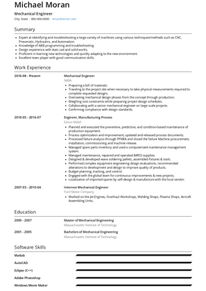 Mechanical Engineer Resume Sample and Template