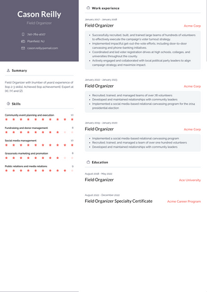 Field Organizer Resume Sample and Template