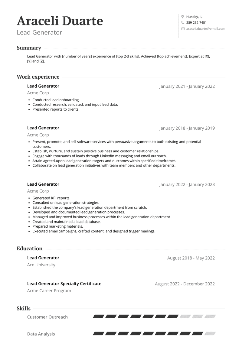 Lead Generator Resume Sample and Template