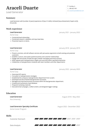 Lead Generator Resume Sample and Template