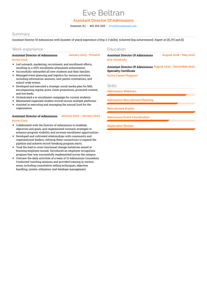Assistant Director Of Admissions Resume Sample and Template