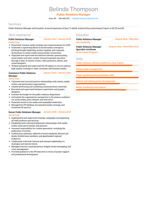 Public Relations Manager Resume Sample and Template