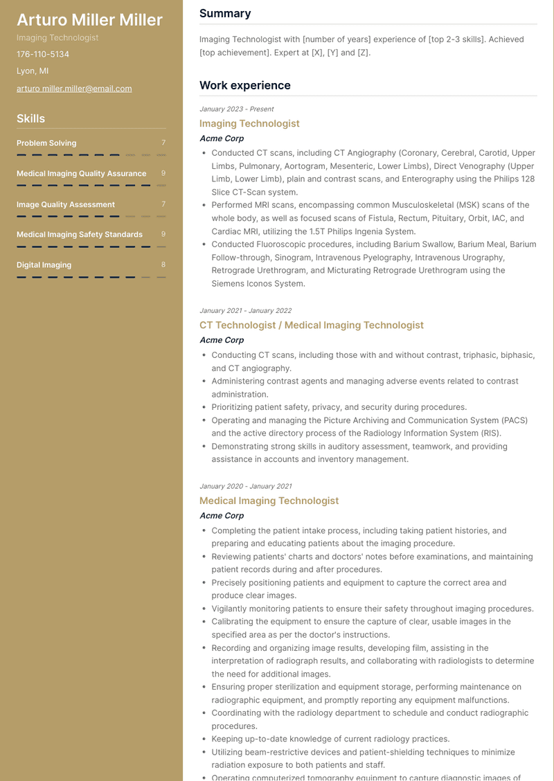 Imaging Technologist Resume Sample and Template