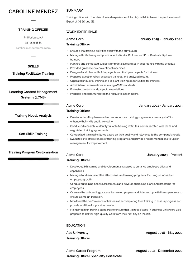 Training Officer Resume Sample and Template