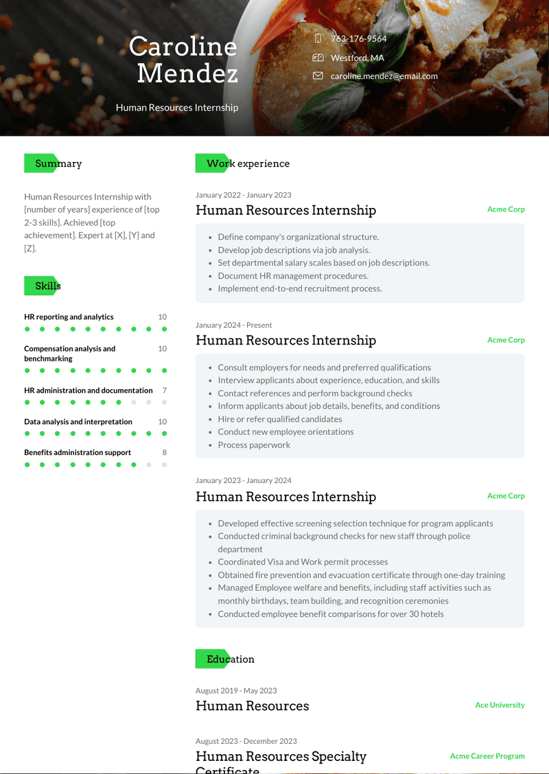 Human Resources Internship Resume Sample and Template