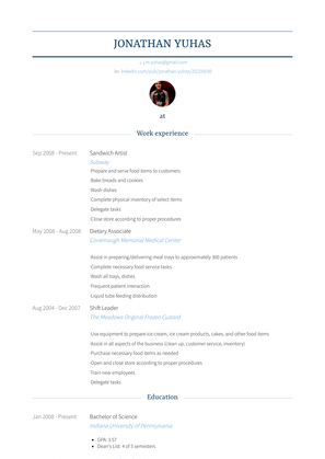 Sandwich Artist Resume Sample and Template