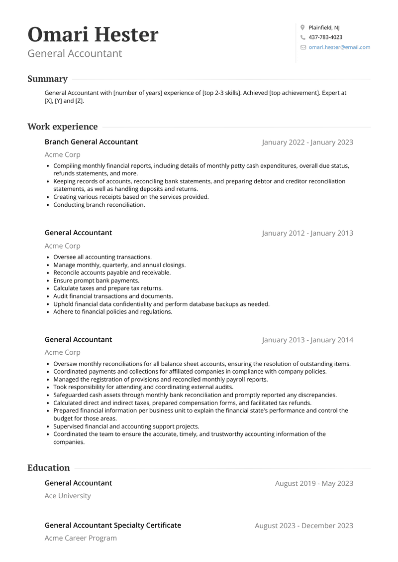 General Accountant Resume Sample and Template