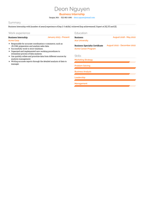 Business Internship Resume Sample and Template