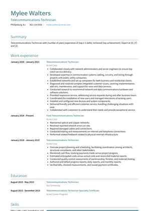 Telecommunications Technician Resume Sample and Template