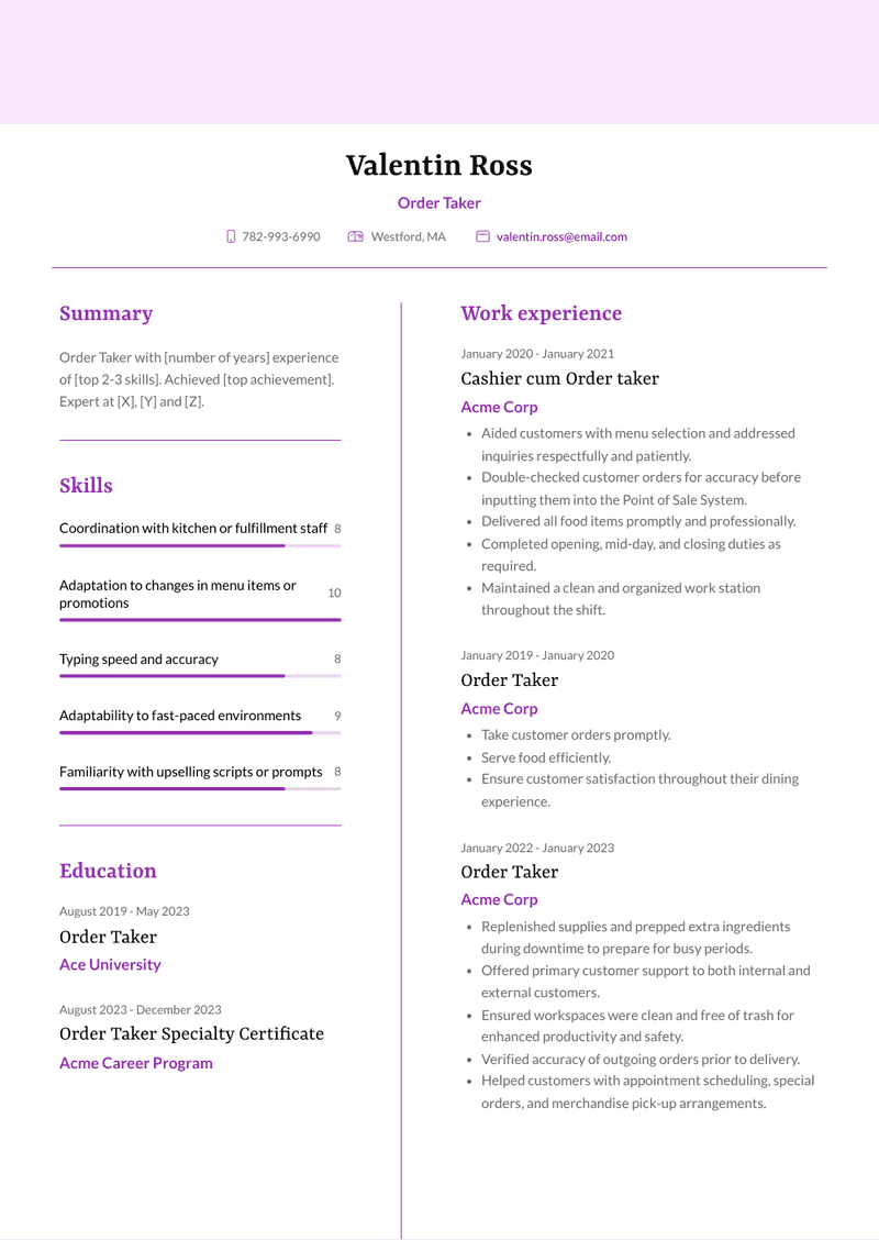 Order Taker Resume Sample and Template