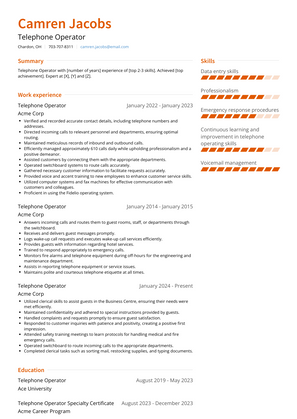 Telephone Operator Resume Sample and Template