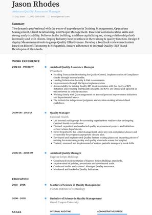 Assistant Quality Assurance Manager Resume Sample and Template