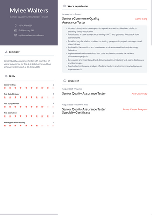 Senior Quality Assurance Tester Resume Sample and Template