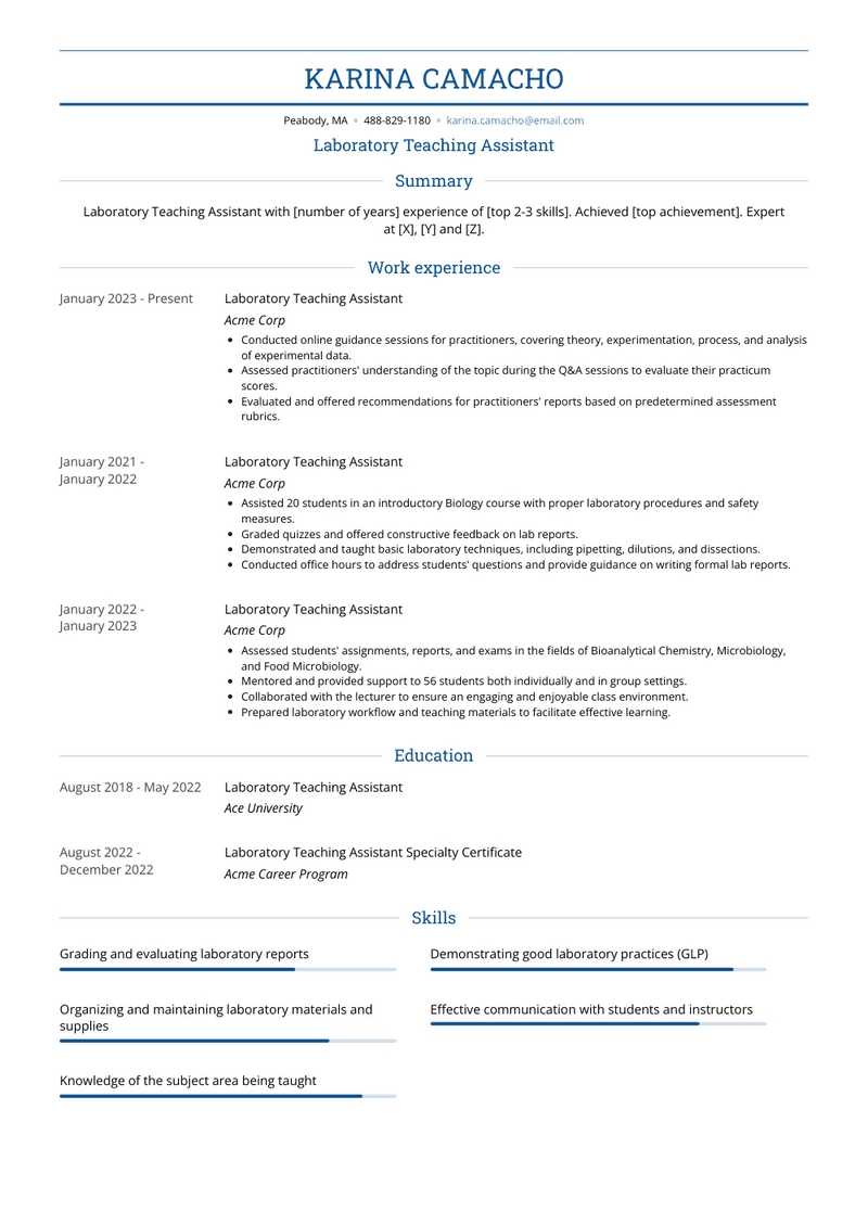 Laboratory Teaching Assistant Resume Sample and Template