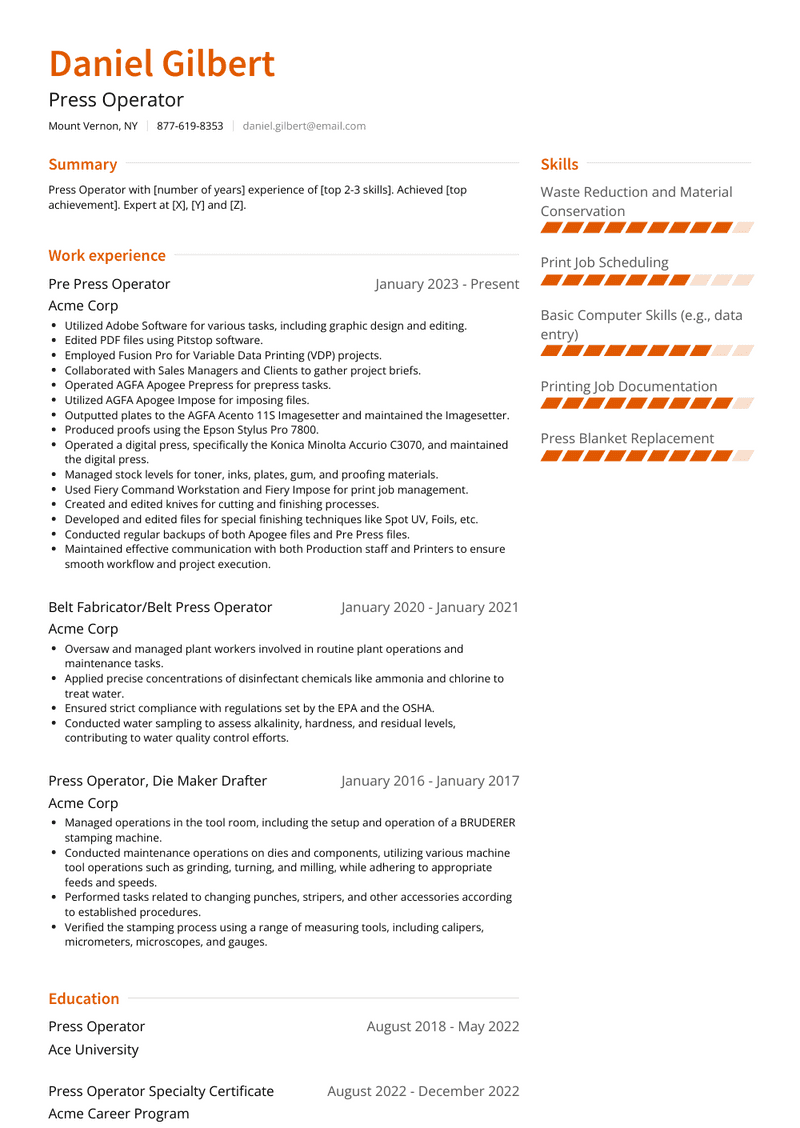 Press Operator Resume Sample and Template