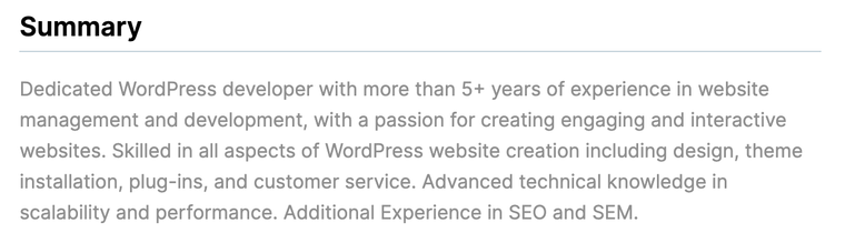 WordPress Developer Resume Summary