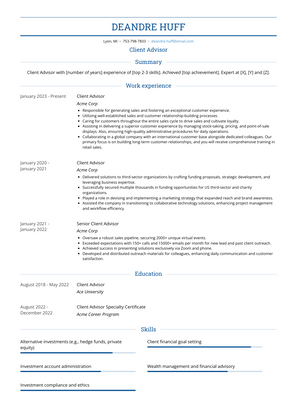 Client Advisor Resume Sample and Template