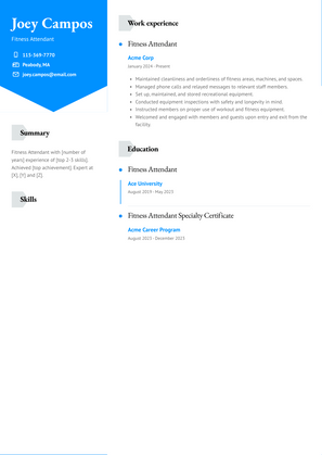 Fitness Attendant Resume Sample and Template