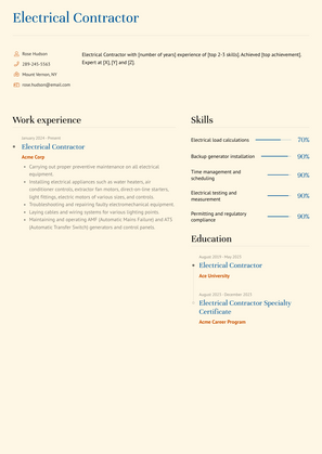 Electrical Contractor Resume Sample and Template