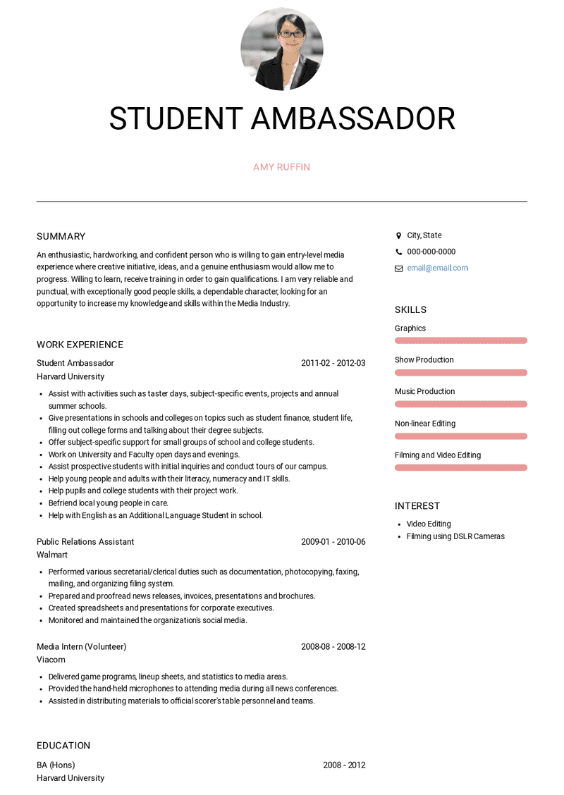 Student Ambassador Resume Sample and Template