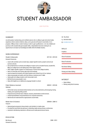 Student Ambassador Resume Sample and Template