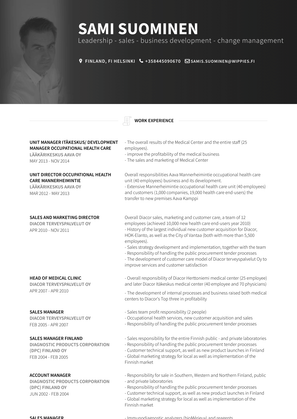 Unit Manager Itäkeskus/ Development Manager Occupational Health Care Resume Sample and Template