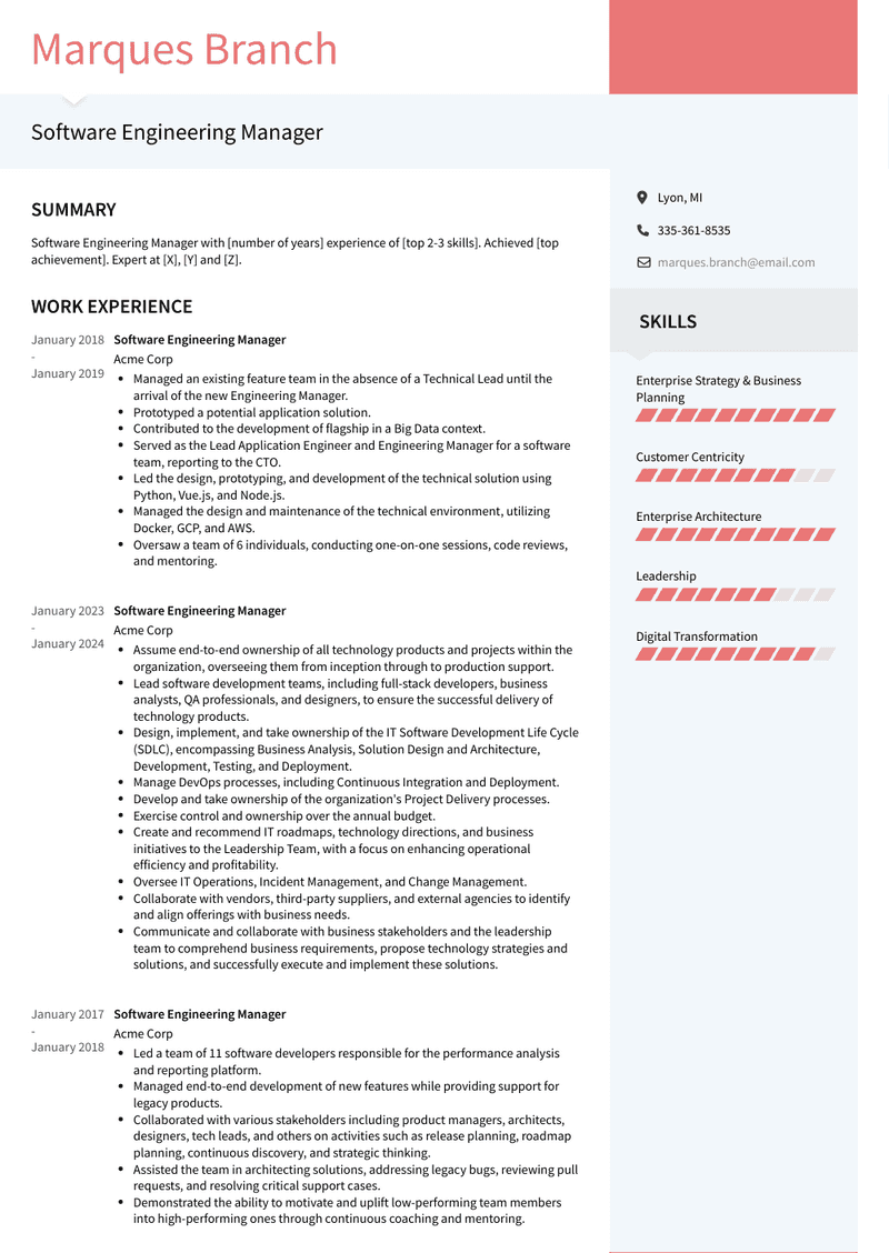 Software Engineering Manager Resume Sample and Template