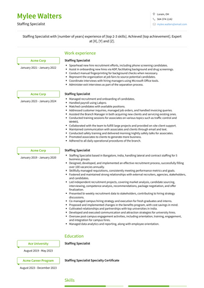Staffing Specialist Resume Sample and Template