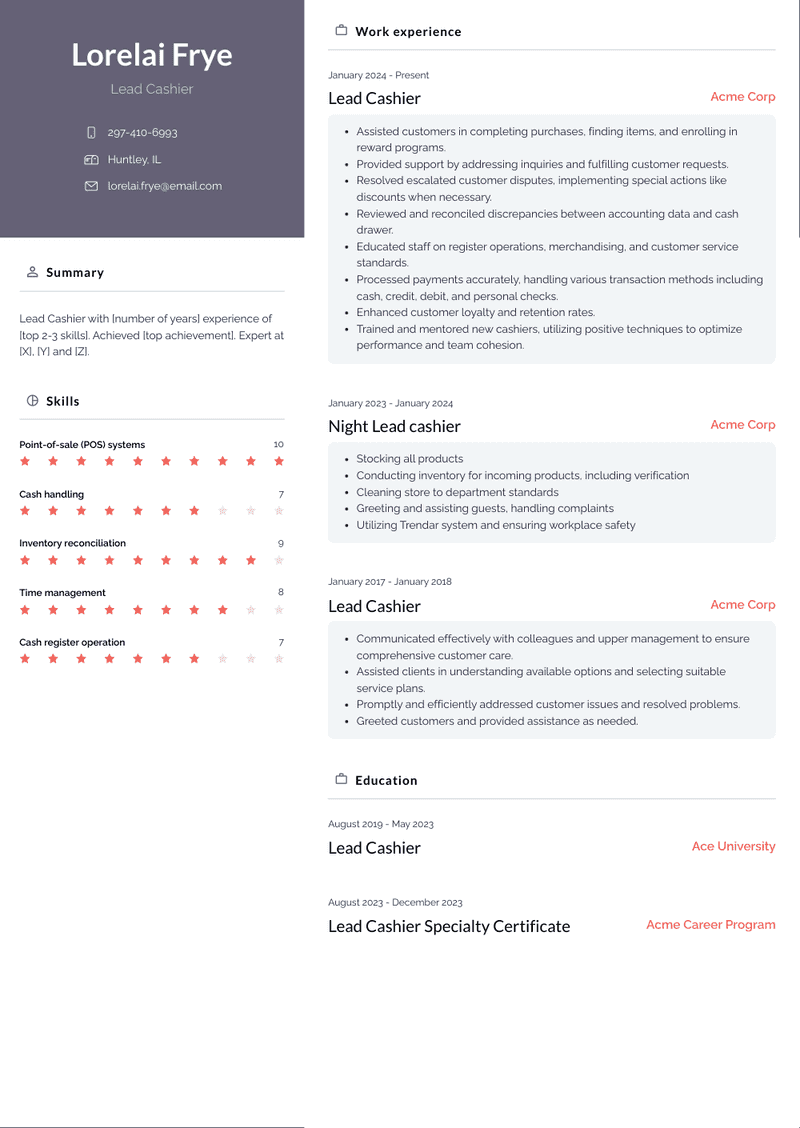 Lead Cashier Resume Sample and Template