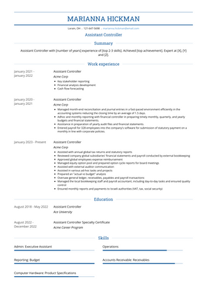 Assistant Controller Resume Sample and Template